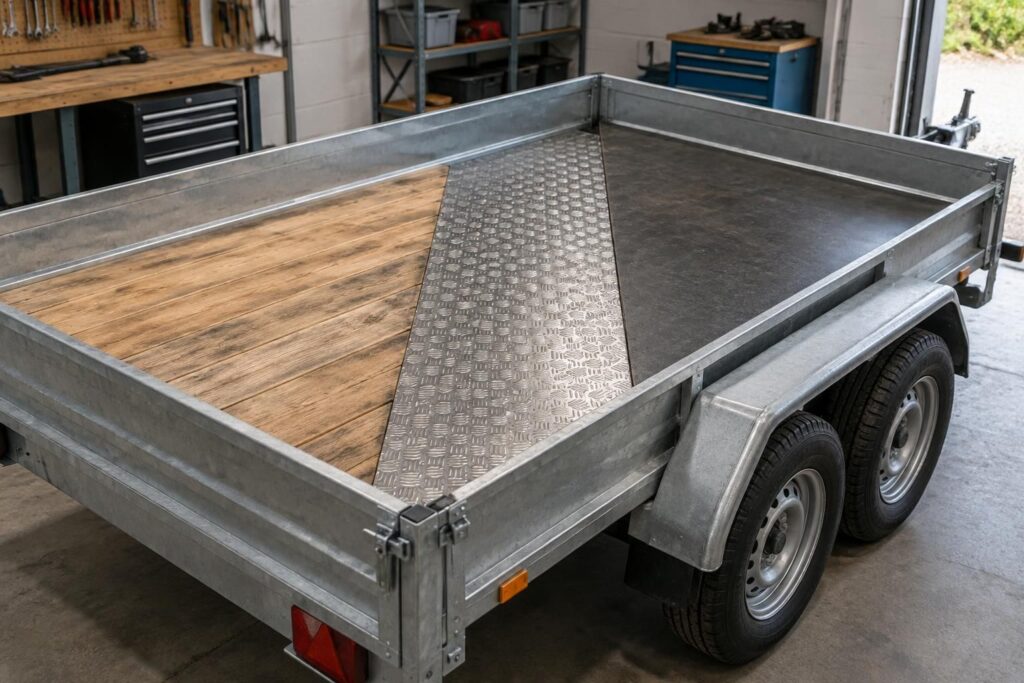 choisissez la plaque idéale pour le fond de votre remorque : comparez le bois, l’aluminium et le métal pour obtenir un plancher solide et durable.